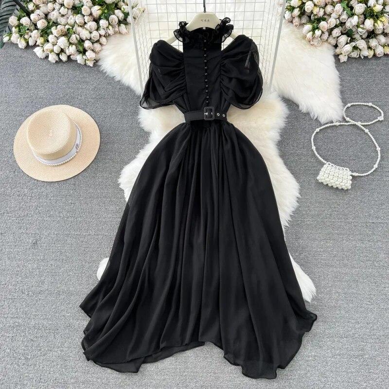 Frauen Süße Stehkragen Off Schulter Plissee Taille Schlank A-linie Elegante Lange Kleid Mode Frühling Herbst