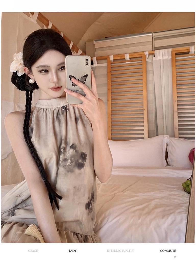 Apricot Women's Sleeveless Loose Summer Dress - New Chinese National Style