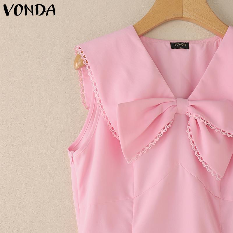 VONDA Women Sleeveless Dress Casual V Neck Bow Knot Crochet Hem Ruffled Mini Dresses