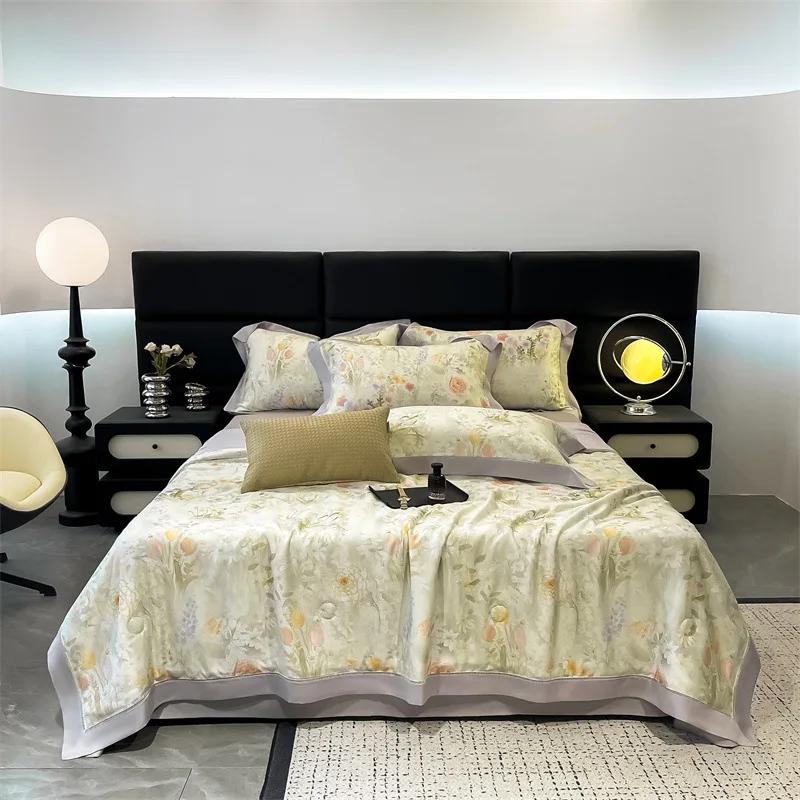 

Summer Lyocell Washable Summer Cool Quilt 4-piece Flower Printing Hollow Edge Cool Air Conditioning Quilt Green Pink Grey 200x230cm 1pcs