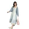 Gentle wind waist and thin doll collar floral dress with blue shawl cardigan two-piece suit for women