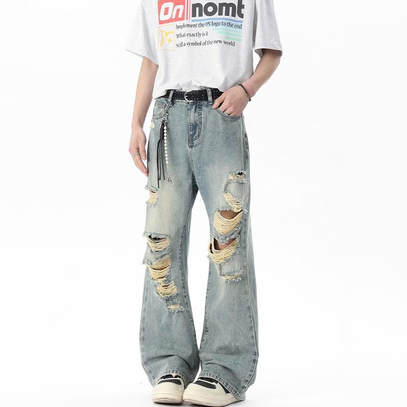 Versione coreana di jeans strappati graffiati uomo estate trendy marca larghi dritti a gamba larga ragazzi sottili casual pantaloni lunghi
