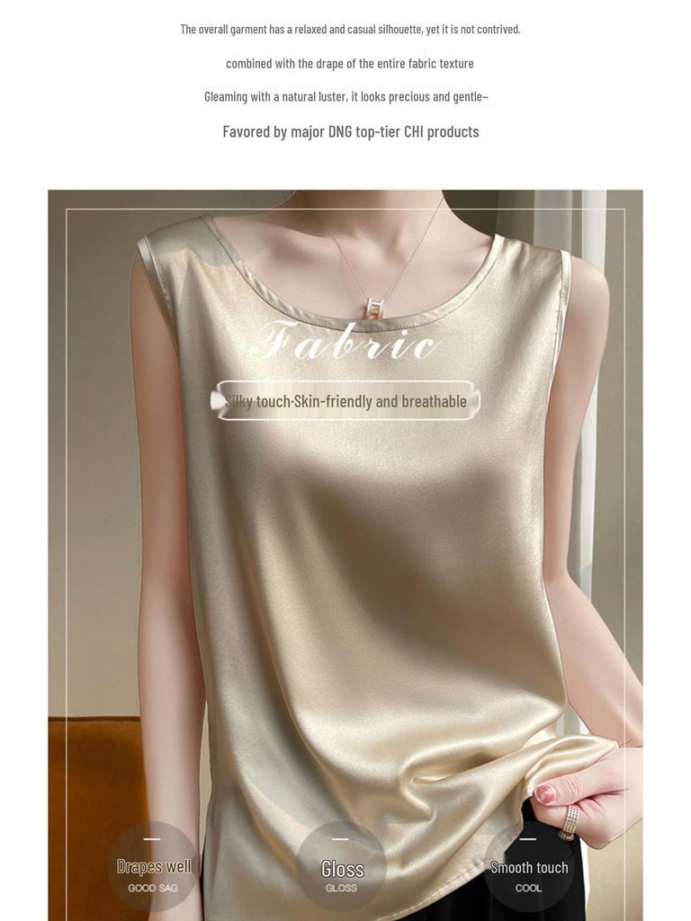 Women's Sleeveless Summer Silk Camisole - Loose Fit, Round Neck, Mulberry Silk Base Layer Top