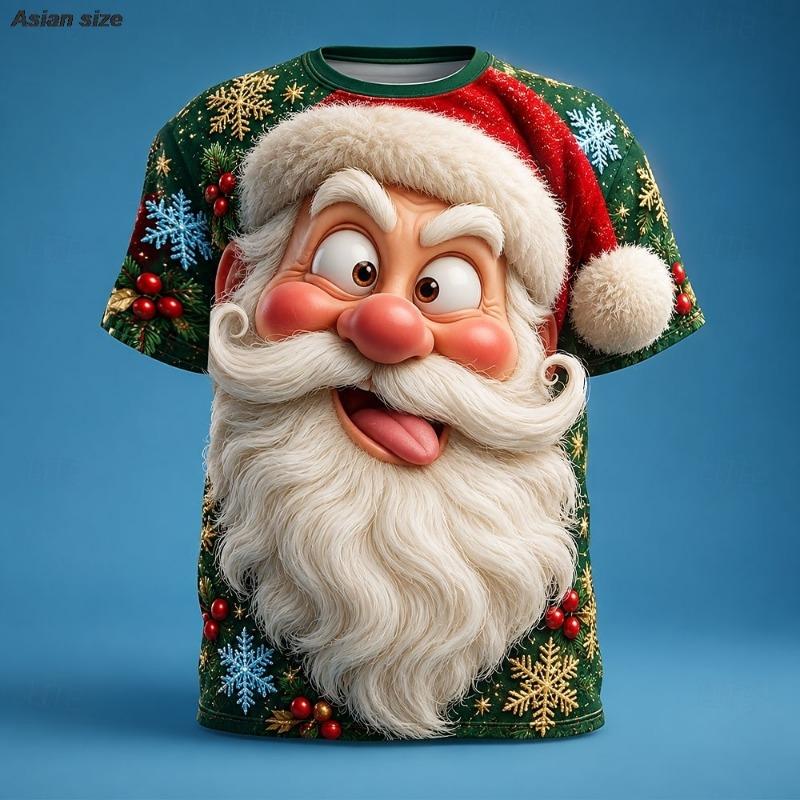 Funny Santa Face 3D Print Men T-Shirt, Christmas Snowflake Berry Holiday Gathering, Realistic Graphic Short Sleeve Tee