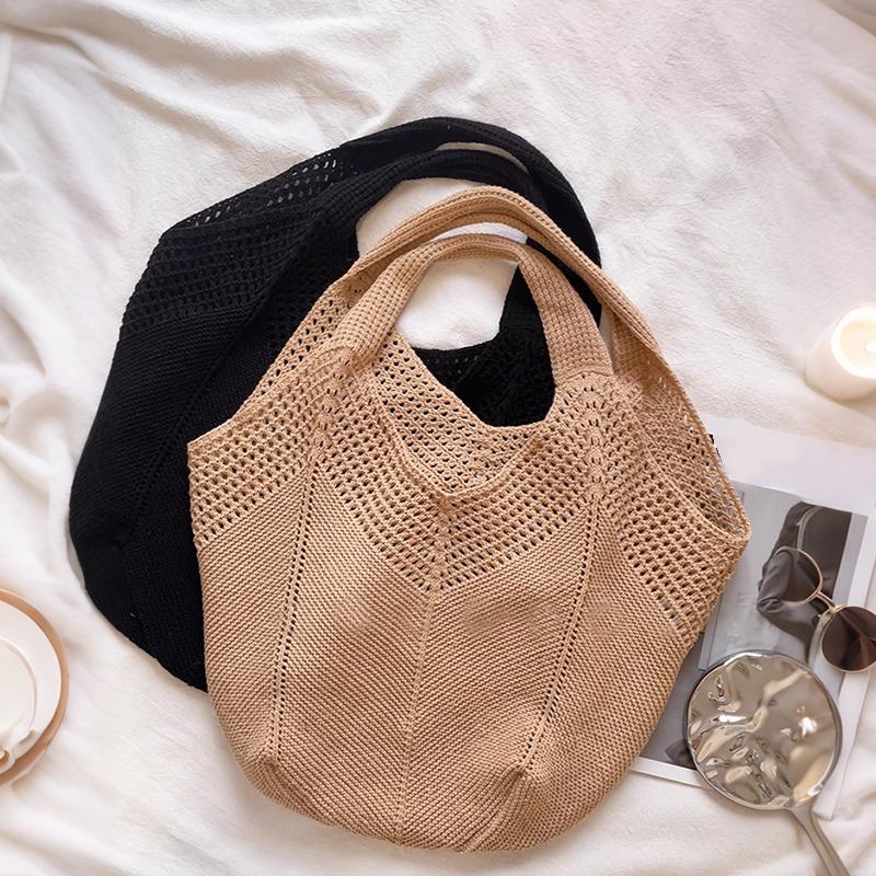 Yogodlns Casual Hollow Women Shoulder Bag Solid Color Large Capacity Summer Woven Beach Bag Foldable Handmade Crochet Tote Bag