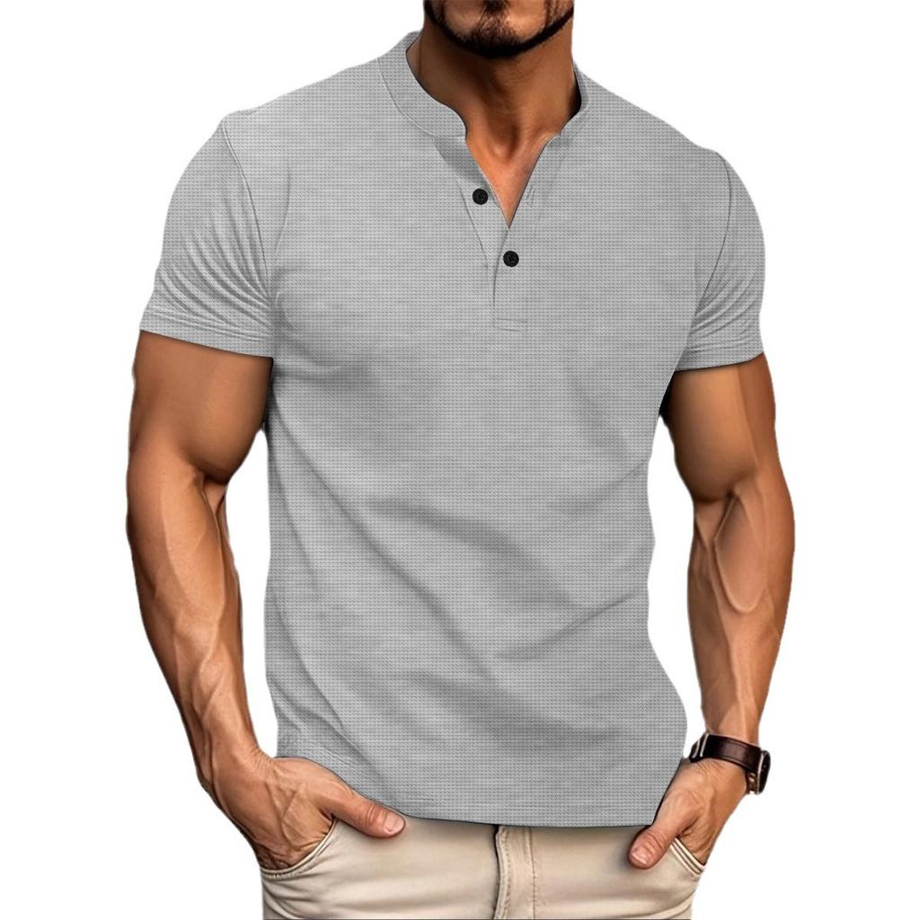 Camisa polo lisa de verano para hombre, manga corta, cuello en V, botones, camiseta casual de corte holgado