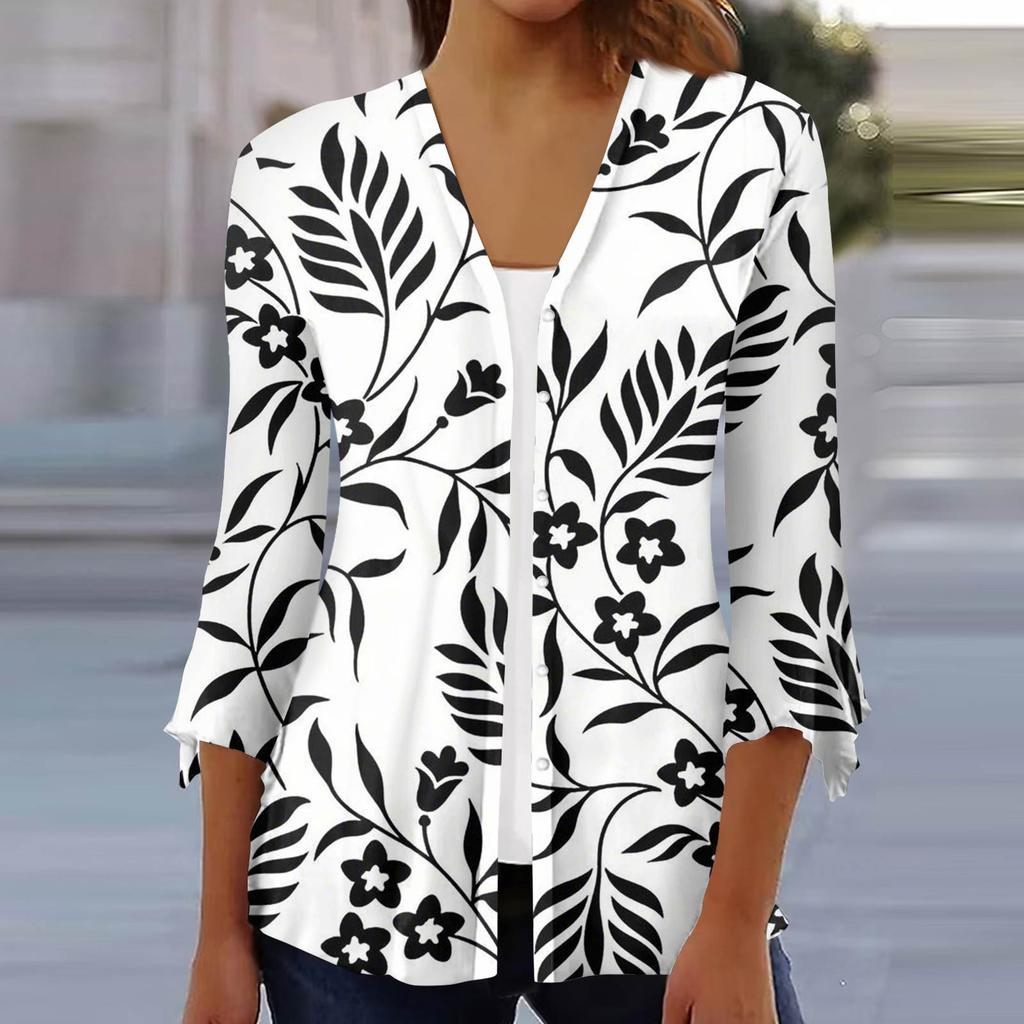 Women's Fashion Loose Casual Printed Seven-Part Sleeve Button Down Blouse Cardigan Top