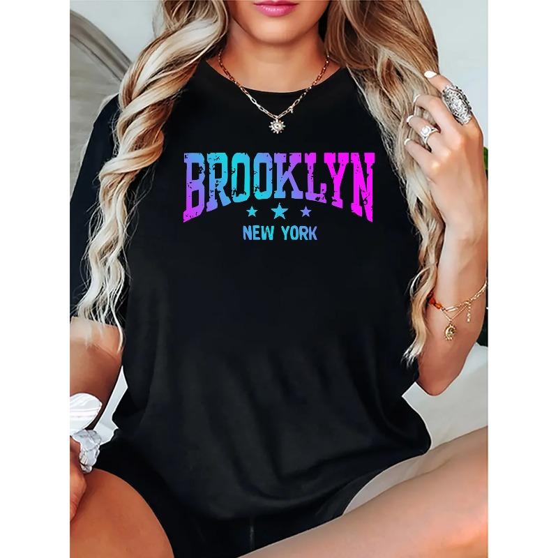 

European Size Women s Casual Brooklyn New York Letter Print T-Shirt - Crew Neck, Short Sleeve, Polyester and Spandex Knit Fabric, Medium Stretch 4XL чорний