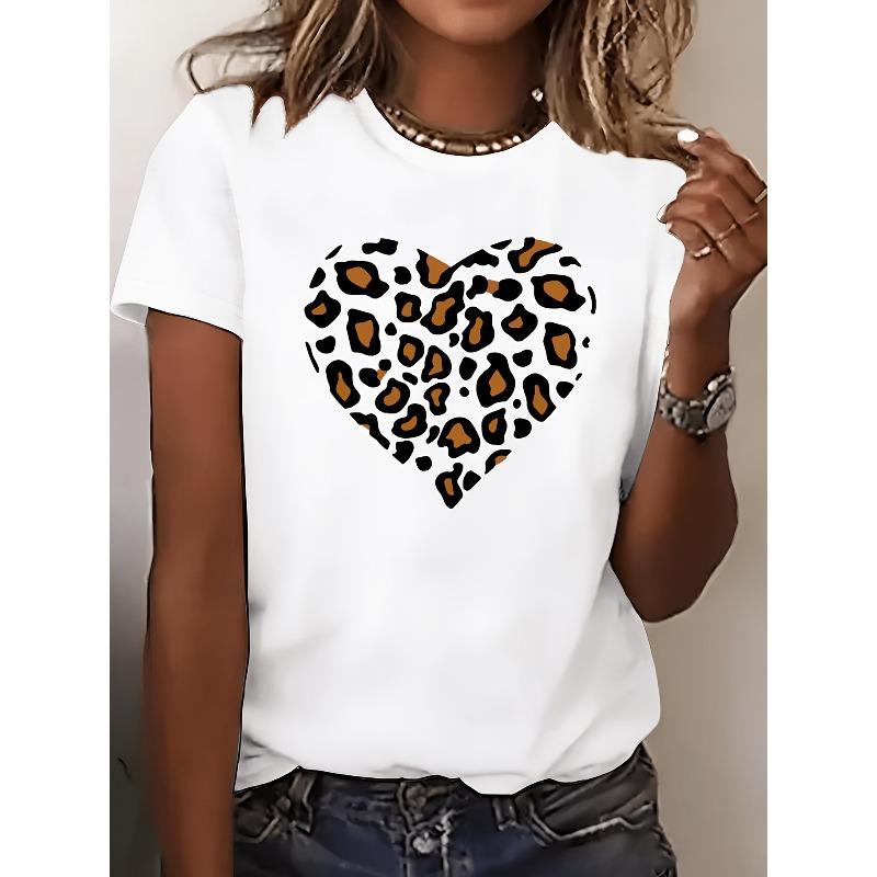 Damen Türkis Leopard Print Herz Grafik T-Shirt - Elegantes Rundhals Kurzarm Frühling Sommer Oberteil, Atmungsaktives Polyester,