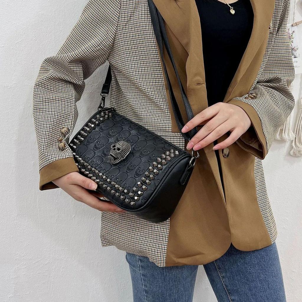 Shoulder Messenger Bag with Skull Design Black Studs Y2K Street Motorcycle Punk Wind Bag Halloween New