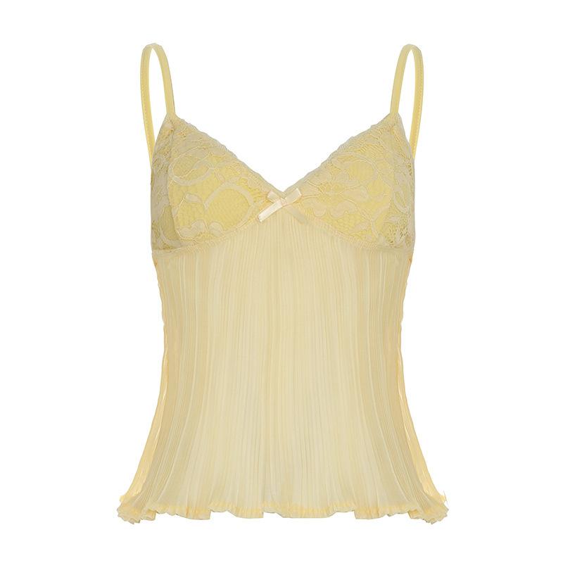 

Дівчача жовта плісирована сорочка на бретелях, шифонова тонка мереживна груди, приталена, з V-подібним вирізом на спині, топ гарячої дівчини S жовтий