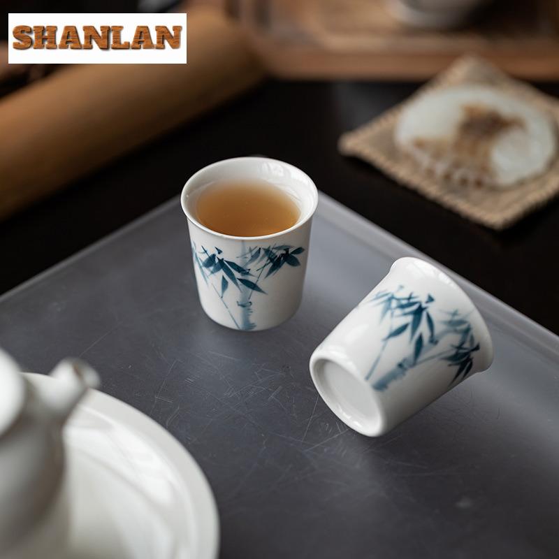 2pc/lot Hand Drawn Blue Bamboo Teacup Tea Bowl Beautiful Tea Cup Tea-tasting Smelling Cup Jianzhan Master Cups Mugs Teaset 25ml