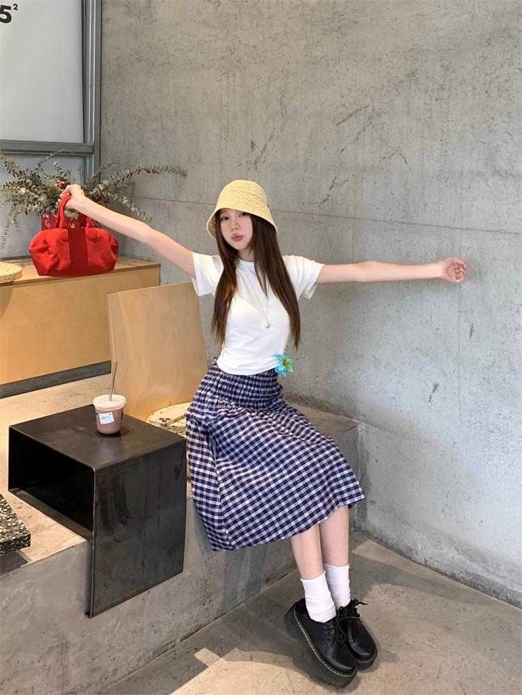 Korean Retro Checkered Bandeau Tank Dress A-Line Midi Skirt for Summer