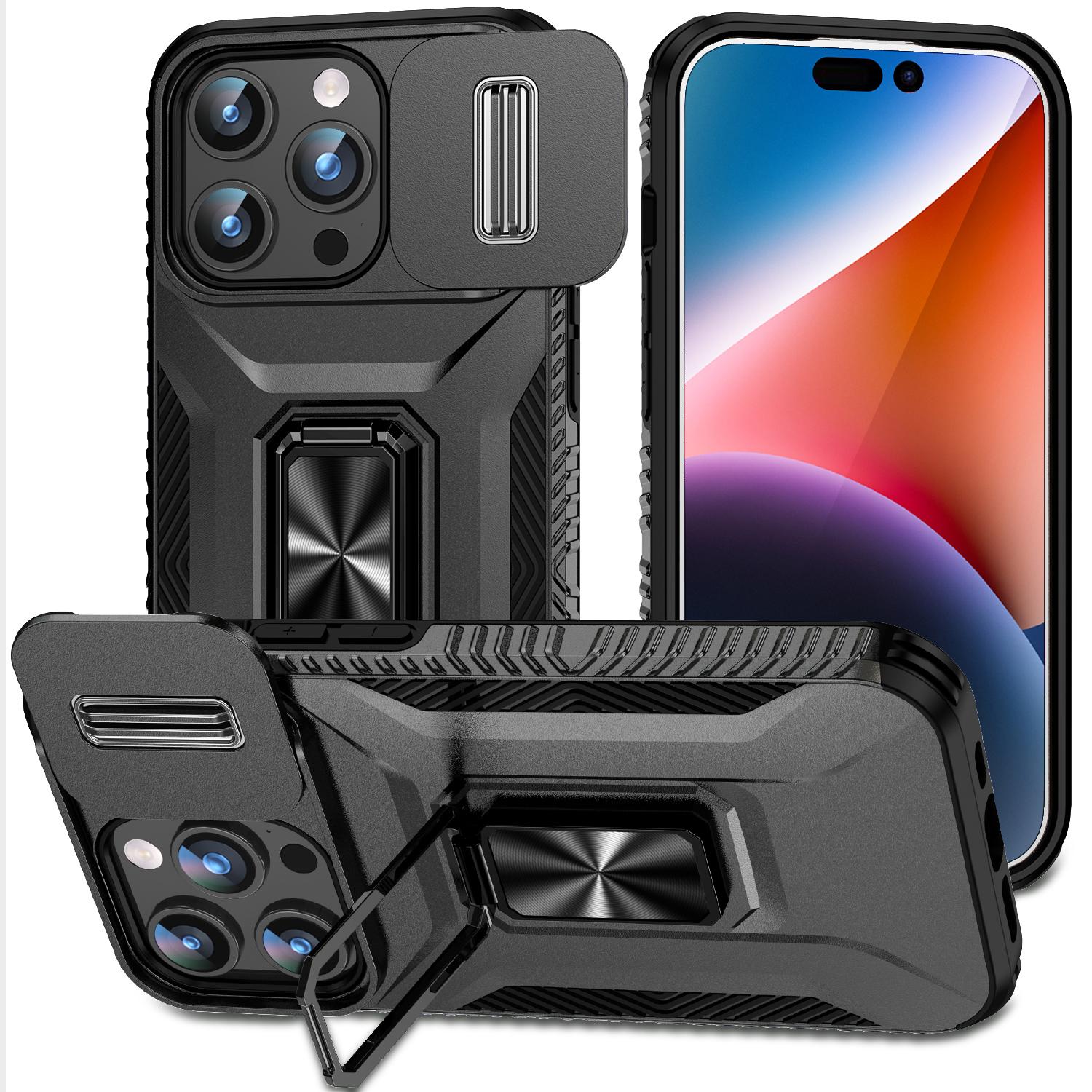 

For iPhone 15 Pro Drop-proof PC+TPU Case Kickstand Cell Phone Cover Shell with Camera Slider Black