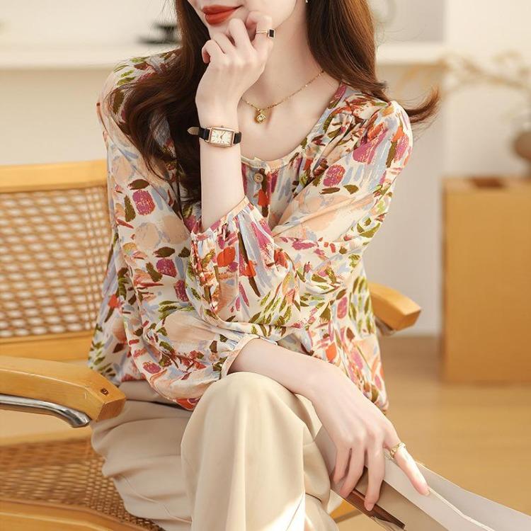 Женская блузка в ретро-стиле с цветочным принтом, модная, женственная M