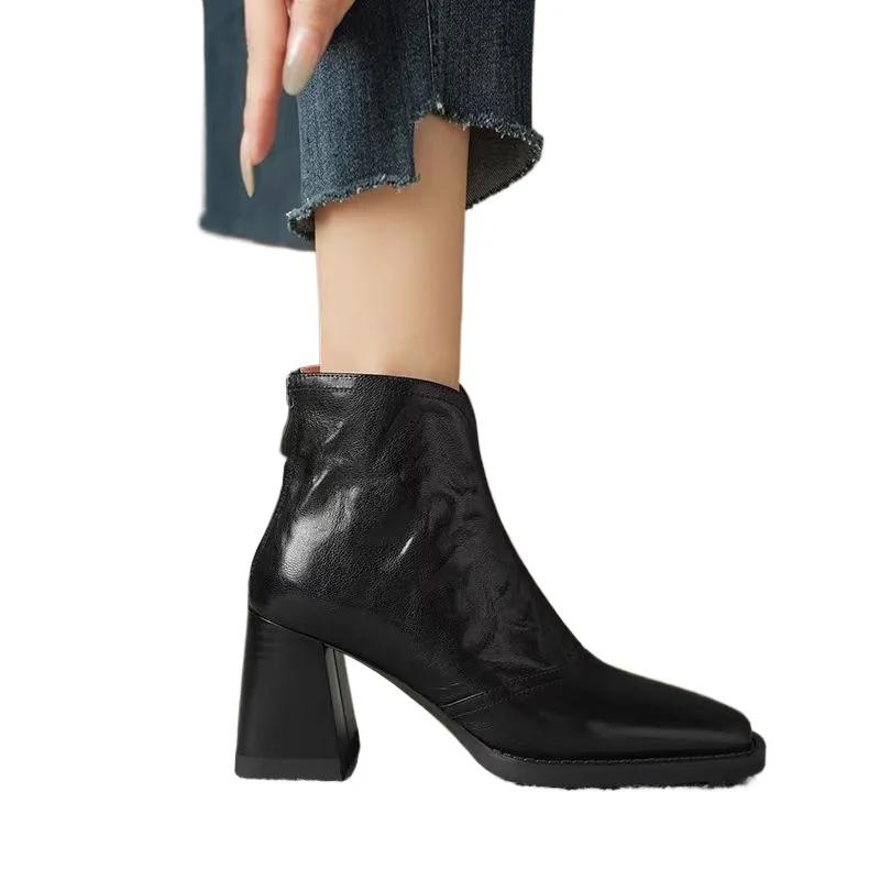 Fashion New Style Luxury Leather Women's Ankle Boots Plush Warm Zipper Close Modern Boots High Heels Shoes Woman's Boots