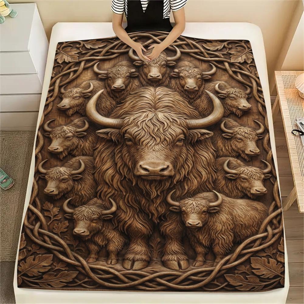 1PC Woodcarved Wildlife Art Print FlAannel Blanket, High quality Comfortable for All Seasons, Home Decor, Warmth and Comfort