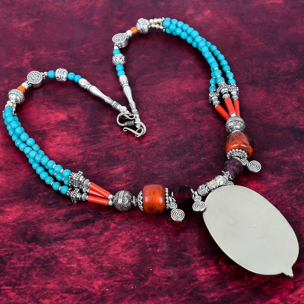 Türkis, Rote Koralle Halskette, Edelstein 925 Massiv Sterling Silber Schmuck Halskette, Handgefertigter Schmuck Geburtsstein Nepalesische Halskette, Geschenk für Ihn