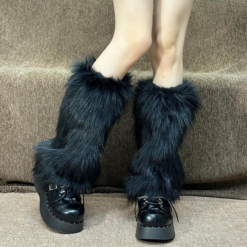 25-40cm Black White Grey Vintage Faux Fur Leg Warmers Winter Warm Furry Boots Cover for Women Sock Punk Jk Cosplay Accessories