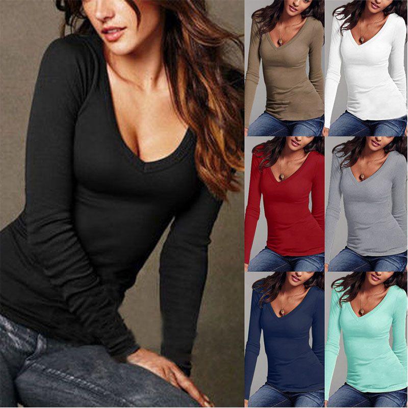 Elegant Autumn And Winter Long-sleeved Solid Color T-shirt V-neck Slim Bottoming Shirt