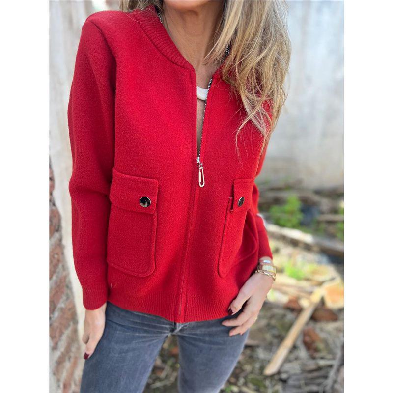 Women's Autumn/Winter Casual Solid Color Crew Neck Zip Pocket Jacket