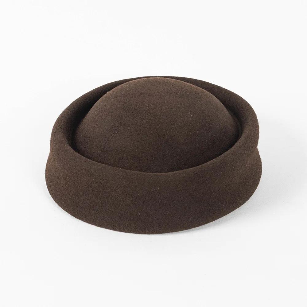 

Girls Wool Stewardess Stage Catwalk Concave Shape Internet Celebrity Pillbox Hat New Children Autumn Winter Fashion Strap Berets 52cm темно-коричневого кольору