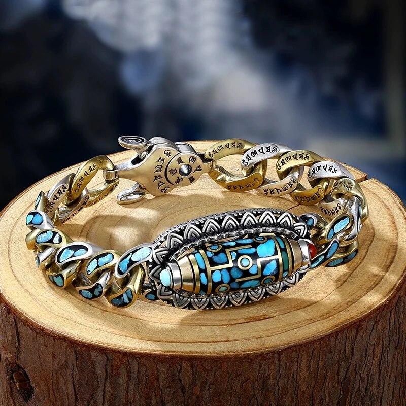 High-End Blaustein Augenmuster Buddhistische Sutras Perle Drehbares Armband Herrenschmuck Trendige Persönlichkeit Schrift Armband Männlich