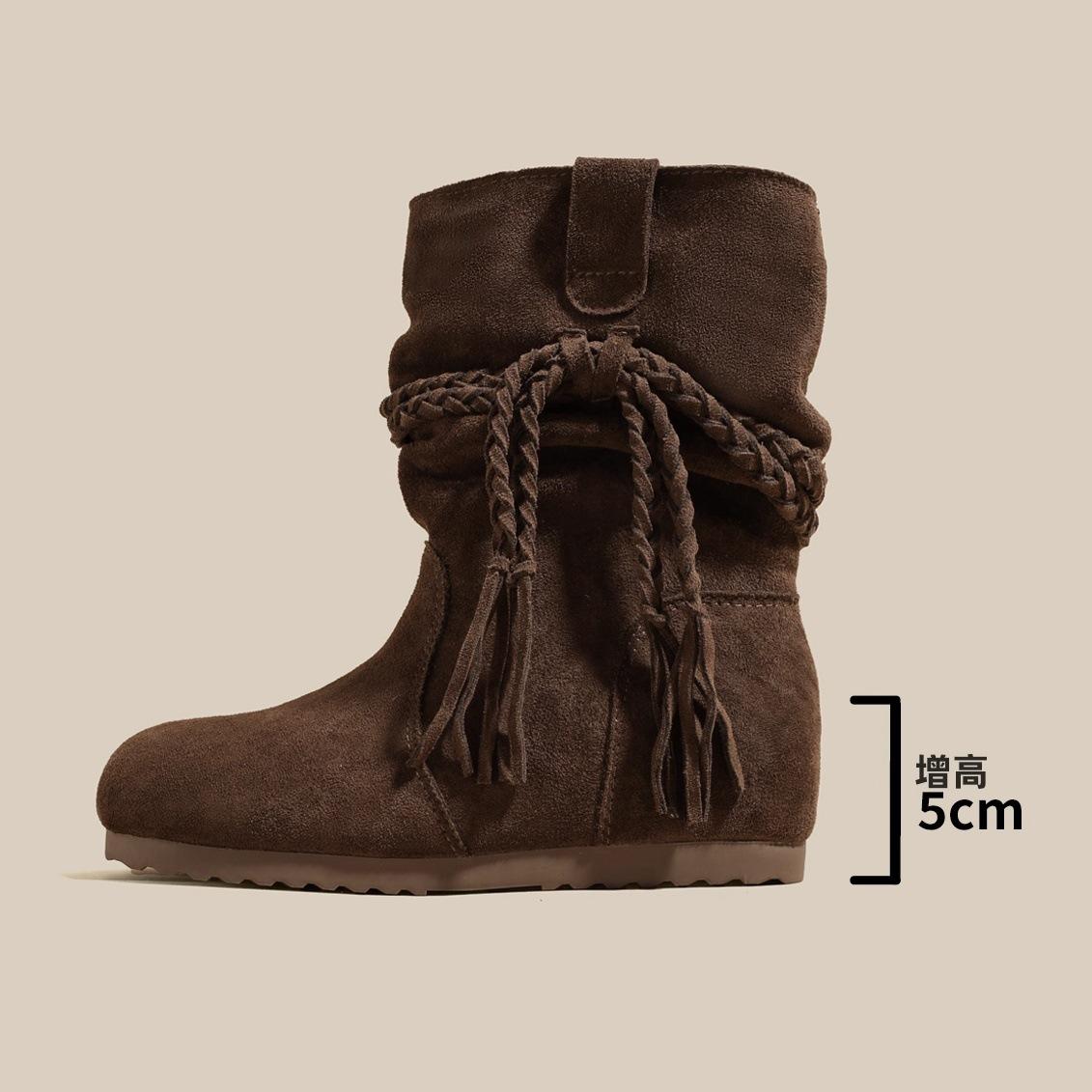

Ruoji 5cm inner height increase stack boots women s 2025 autumn new small medium tube retro fringed knight boots 40 темно-коричневого