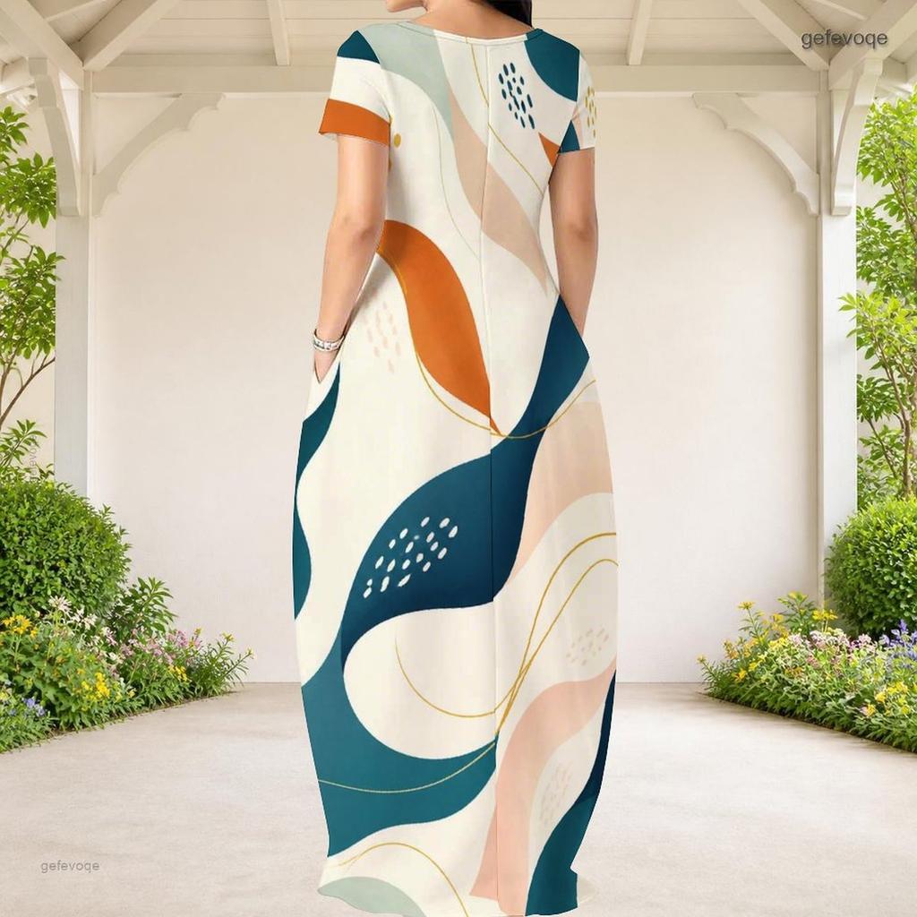 Women Plus Size Round Neck Short Sleeve Abstract Printed Loose Maxi Dress With Side Pockets