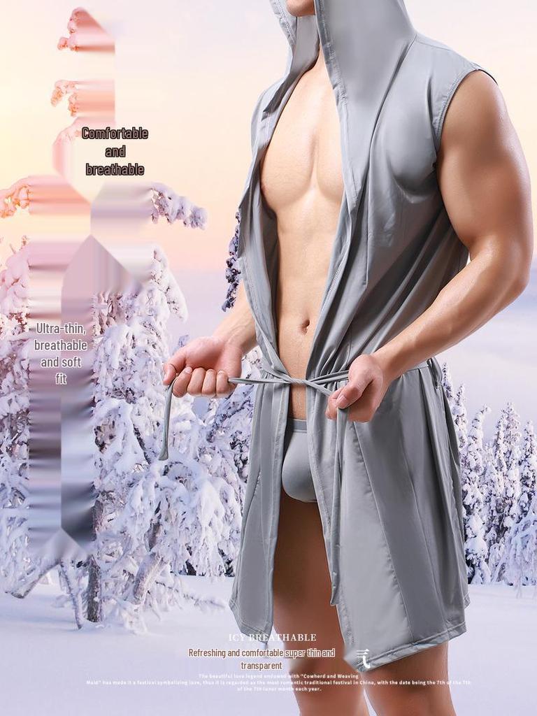 Men's Hooded Sleeveless Thin Silk Bathrobe, European Style, Six Colors Available, Does Not Include Underwear