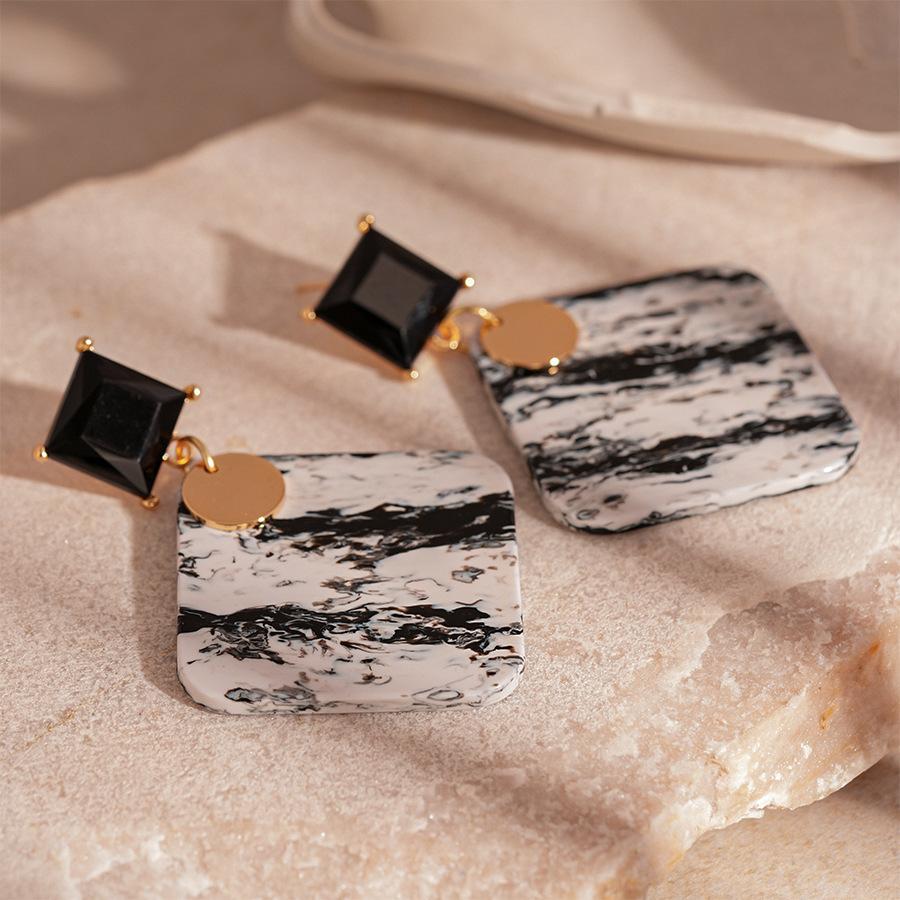 Vintage Acrylic with Diamonds Square Geometric Silver Needle Earrings Niche Earrings