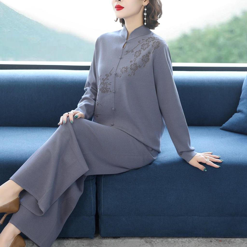 Herbst 2025 Damen Lässiges Strick Zweiteiler-Set: Lässiges Oberteil & Weitbeinige Hosen für Mütter mittleren Alters