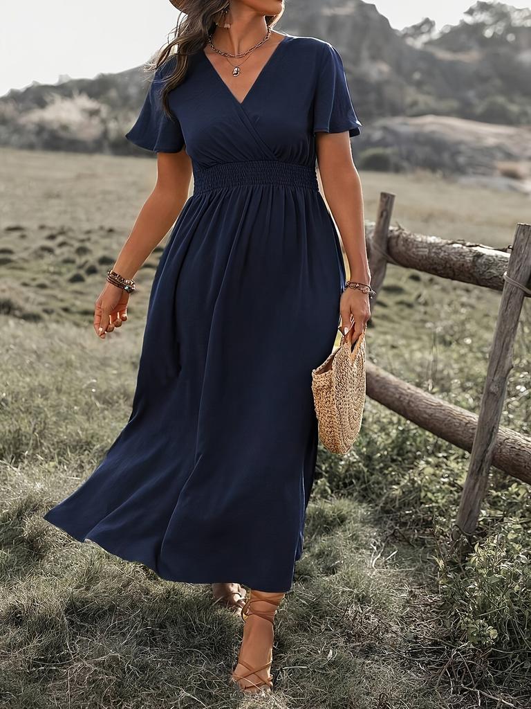 Europe and the United States summer new solid color V-neck horn sleeve elastic waist thin split skirt