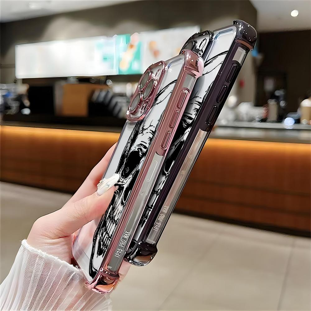 Cool Black Skull Pattern Transparent Phone Case For iPhone 17 16 Pro Max 15 14 Plus 13 12 11 17 Air 16E Shockproof Soft Cover