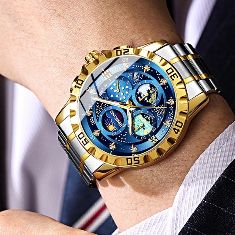 Zegarek Męski Biznesowy Stalowy Pasek Gwieździste Niebo Obraz Olejny Wodoodporny Podświetlenie Nocne Kalendarz Męski Modny Zegarek Kwarcowy