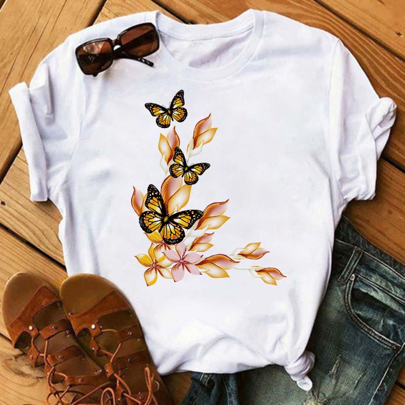 Women Flower Butterfly Fashion Print T Shirt Casual Short Sleeve Ladies T Tee Female Top Shirt Clothes Womens Graphic T-shirt