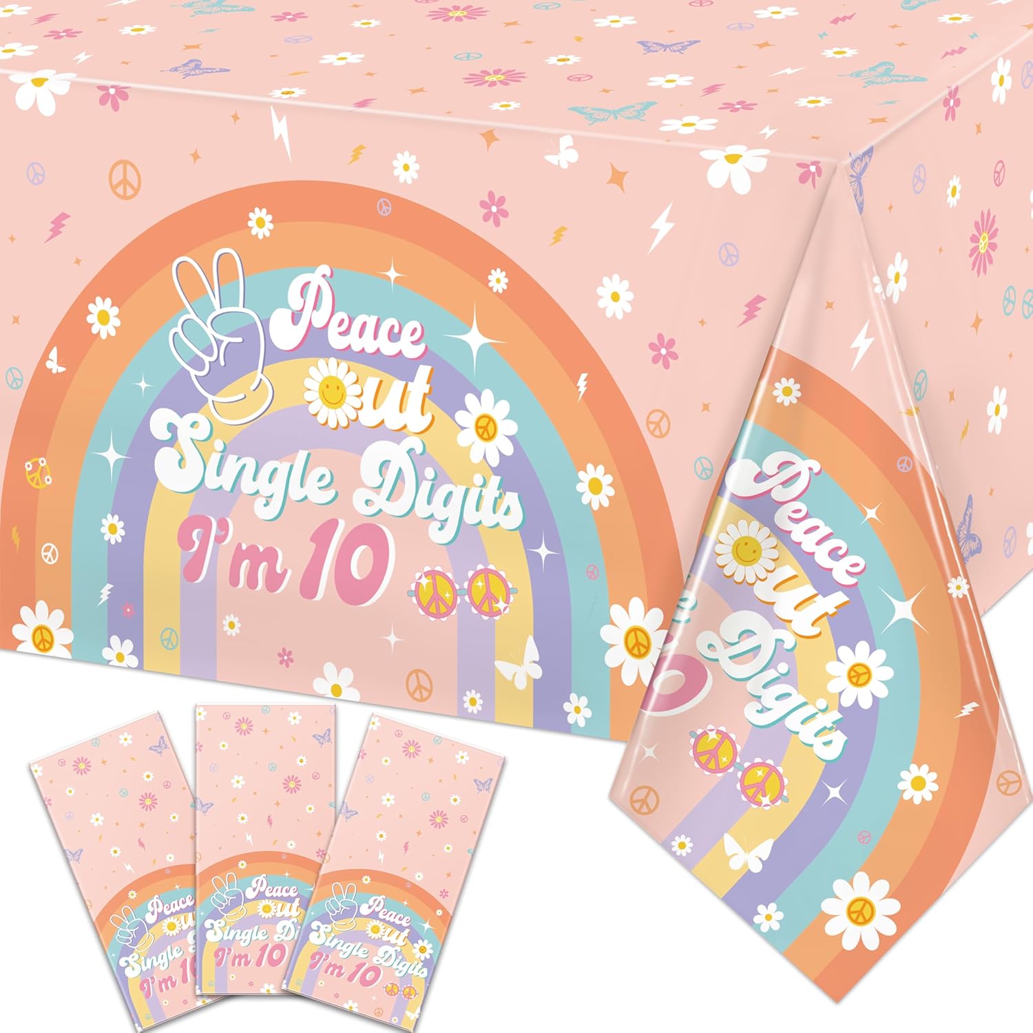 10th Birthday Decorations for Girl, 3 Pack Peace Out Single Digits Party Decor Tablecloths, Double Digits Birthday Disposable Plastic Table Covers