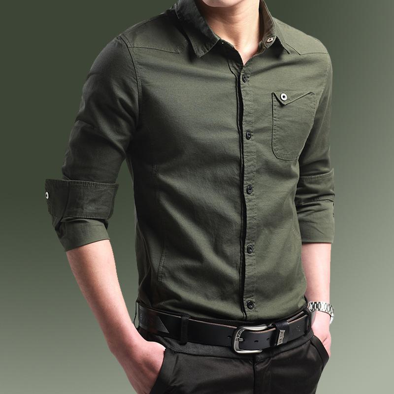 

Осенняя мужская повседневная деловая однотонная рубашка с длинными рукавами S зелёный