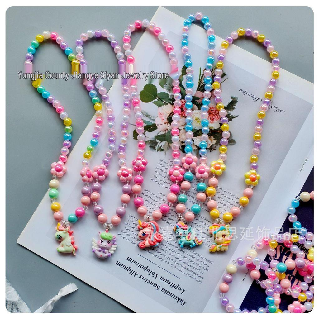 Kids' Colorful Candy Bead Necklace & Bracelet Set with Flower & Unicorn Design