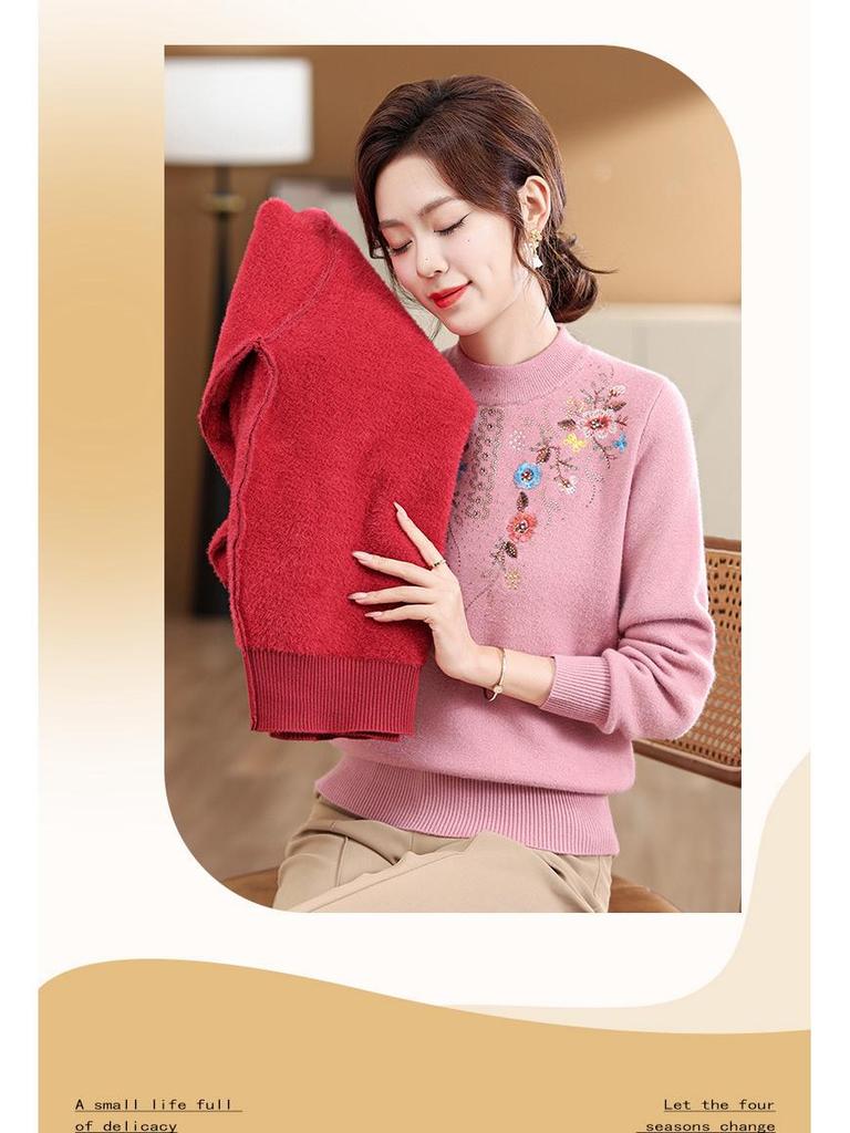 Mom's Winter Fleece-Lined Warm Top Sweater for Middle-Aged & Elderly Women