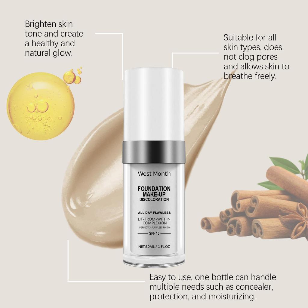 West&Month Temperature-Adaptive Concealer Foundation, Long-lasting Hydration, Natural Coverage, No Mask Effect, Evens Skin Tone for a Long Time, 30ml