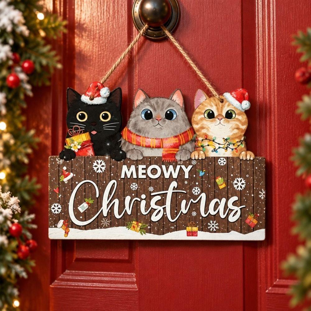 2D Flat Christmas 3 Kitten Hanging Board Wooden Cat Hanging Ornament Living Room
