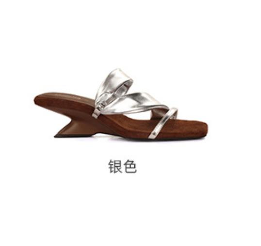 Sheepskin version of genuine leather two wear French wedge heel retro one-word slippers women's summer wear temperament high heels cool slippers
