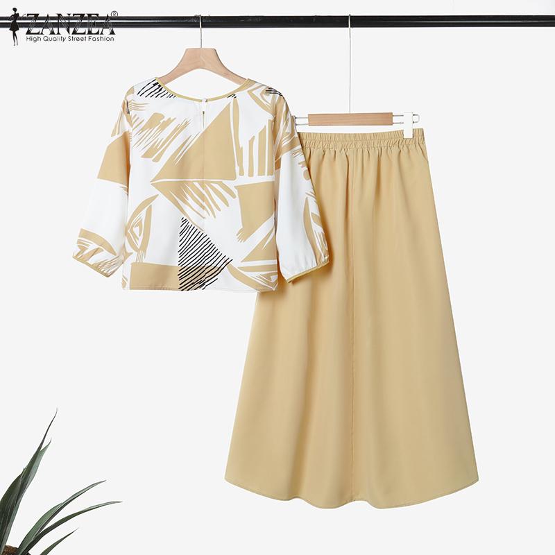 ZANZEA Damska Bluzka z Nadrukiem i Długie Spódnice Letnie Zestawy Dwuczęściowe