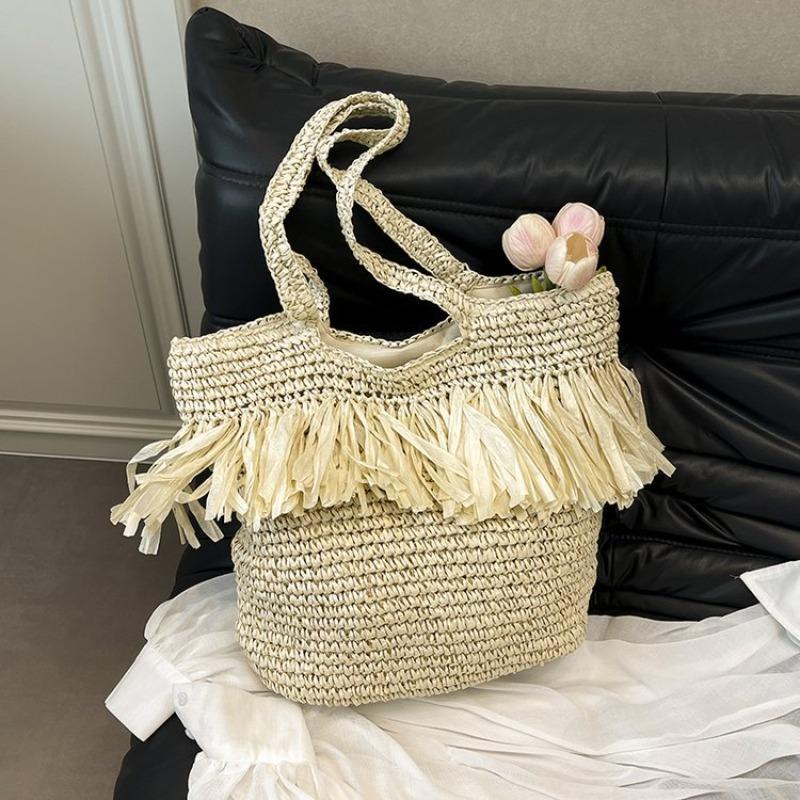 Tassel Paper Rope Straw Bag Hand-woven Bag Seaside Vacation Beach Bag Large Capacity Shoulder Tote Bag Women