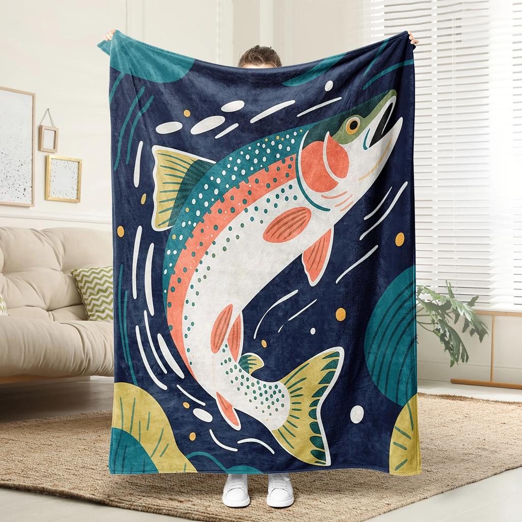 1 Stück Weiche Flanelldecke - Luxuriöse Tagesdecke/Überwurf mit HD-Forellen-Sprung-Design in Marineblau, Orange, Weiß, Türkis - Ganzjahres
