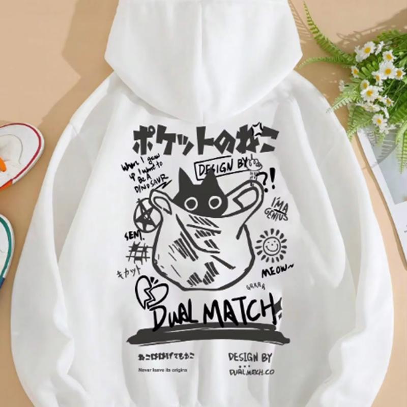 Cute Cat Cartoon Printed Sweatshirt Women Harajuku Casual Loose Hooded Fashion Soft Pocket Hoodies Autumn Clothes