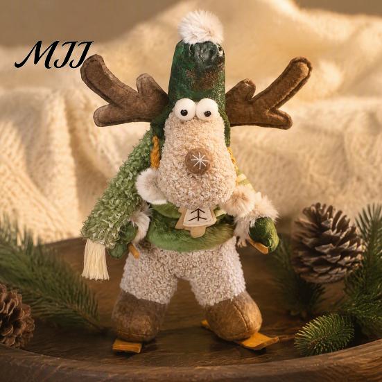 Festive Fabric Figurines for Shopping Malls Green Christmas Plush Figurines, Skiing Snowman Reindeer Stuffed Doll, Seasonal Gift Items Friends