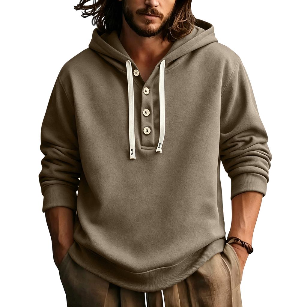 Men's Casual Hoodie with Button - Cotton Hooded Pullover for Spring and Fall