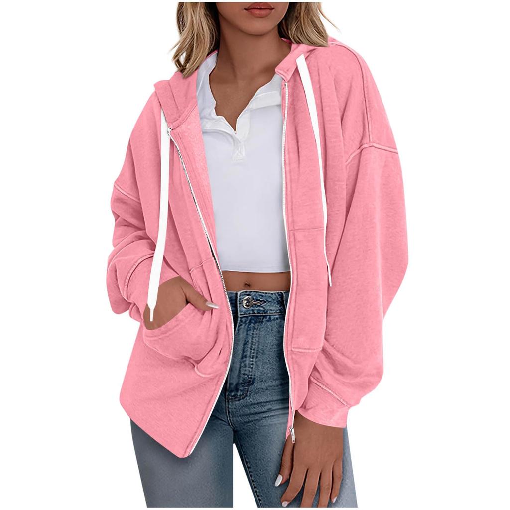 Women's Fashionable Solid Color Long Sleeved Hooded Sweatshirt With Loose Zipper Pocket Jacket
